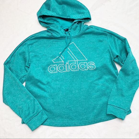 ADIDAS Turquoise Climawarm 3-Stripe Cropped Hoodie size Large - Picture 2 of 12